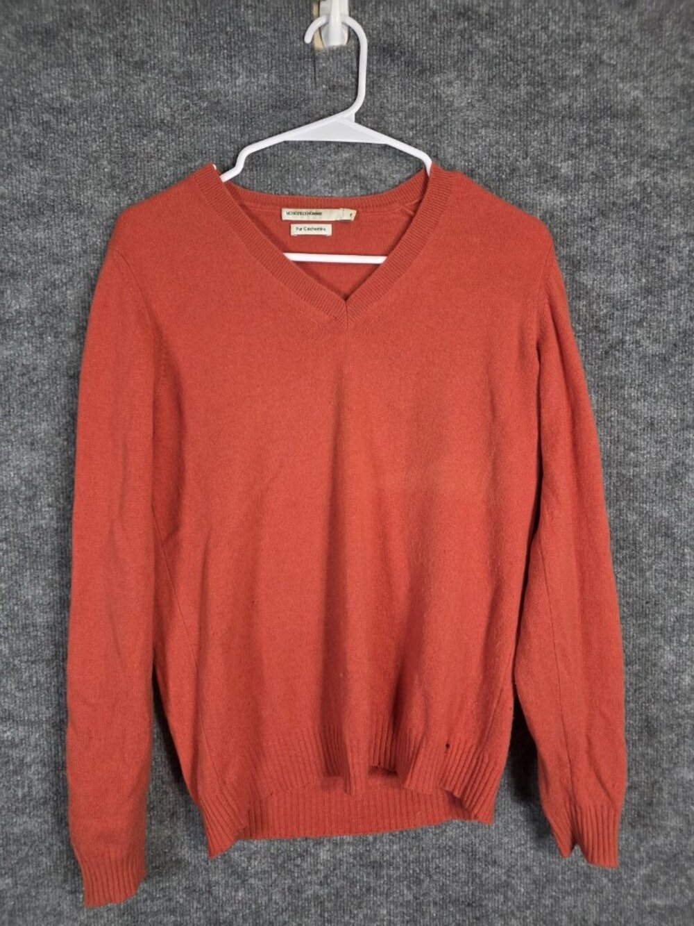 Monoprix Homme Sweater Mens Small Orange 100% Cashmere V Neck Damaged Stains